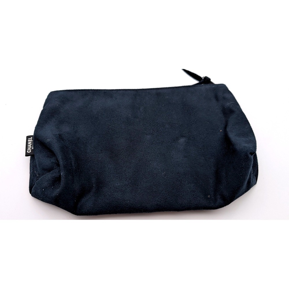 Chanel Beaute Navy Blue Faux Suede Cosmetic Pouch Makeup Bag Zip Top